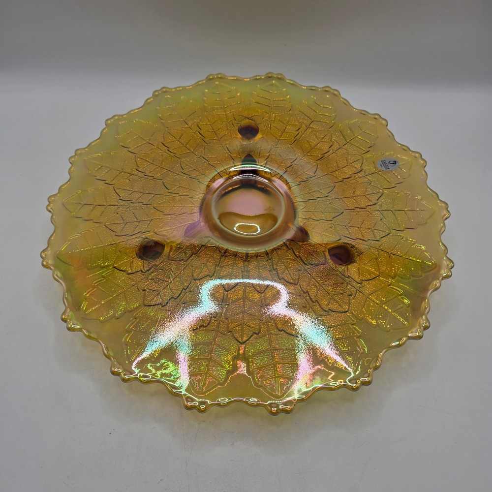 Fenton Carnival Glass Plate Marigold Holly Pattern Footed Ruffled Iridescent USA